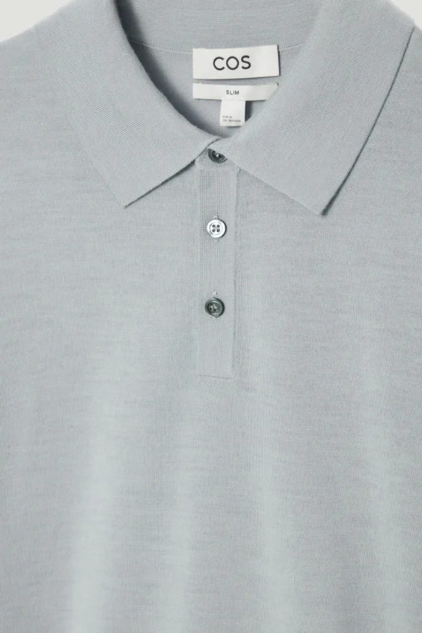 COS SLIM MERINO WOOL POLO SHIRT DUSTY BLUE Sale