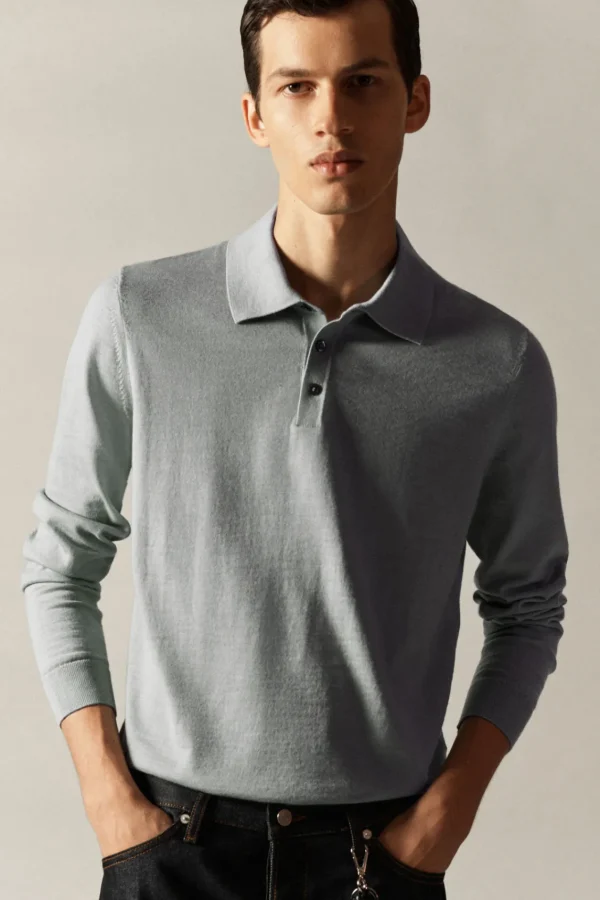 COS SLIM MERINO WOOL POLO SHIRT DUSTY BLUE Sale