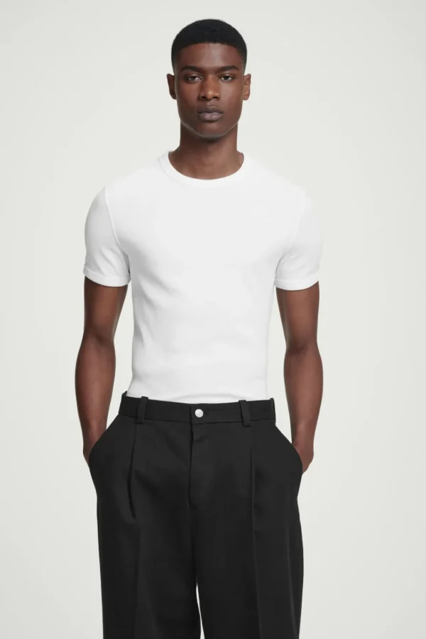 COS SLIM RIBBED COTTON T-SHIRT WHITE Clearance