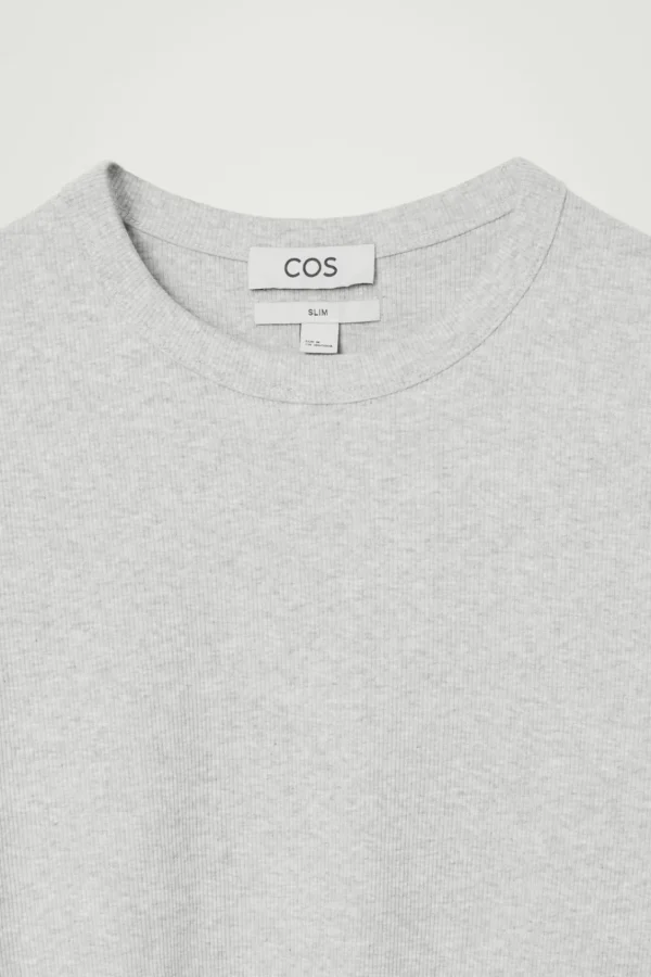 COS SLIM RIBBED COTTON T-SHIRT LIGHT GRAY Cheap