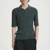 COS SLIM RIBBED-KNIT POLO SHIRT DARK GREEN Hot