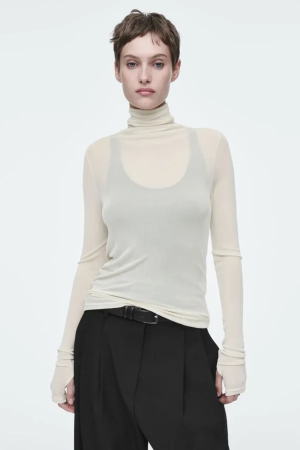 COS SLIM SILK TURTLENECK TOP OFF-WHITE Hot