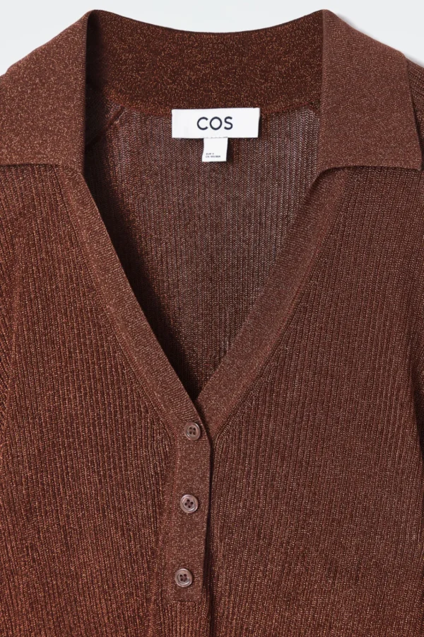 COS SPARKLY RIBBED-KNIT POLO SHIRT MAHOGANY Online