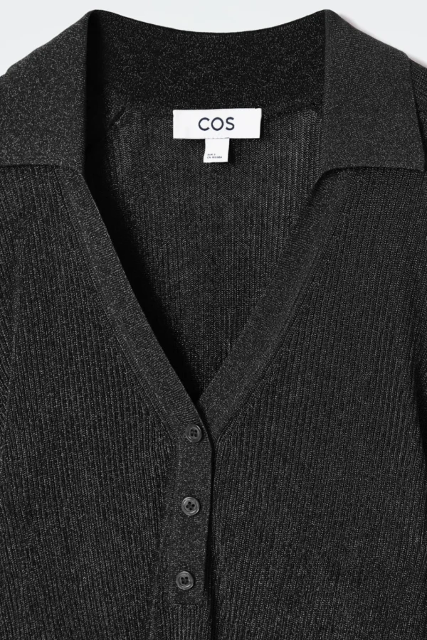 COS SPARKLY RIBBED-KNIT POLO SHIRT BLACK Cheap