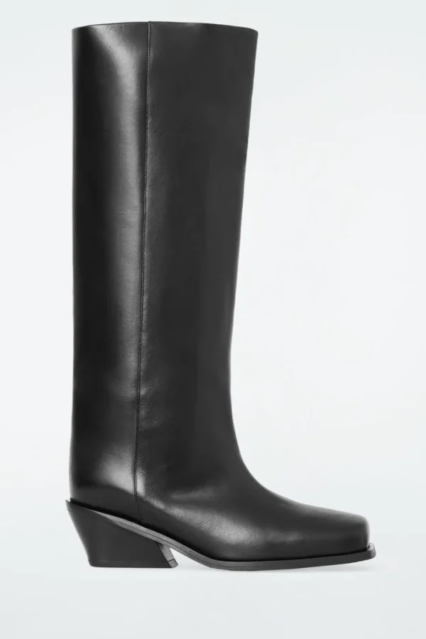 COS SQUARE-TOE LEATHER KNEE-HIGH BOOTS BLACK Sale