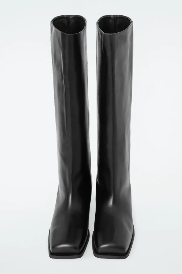 COS SQUARE-TOE LEATHER KNEE-HIGH BOOTS BLACK Sale