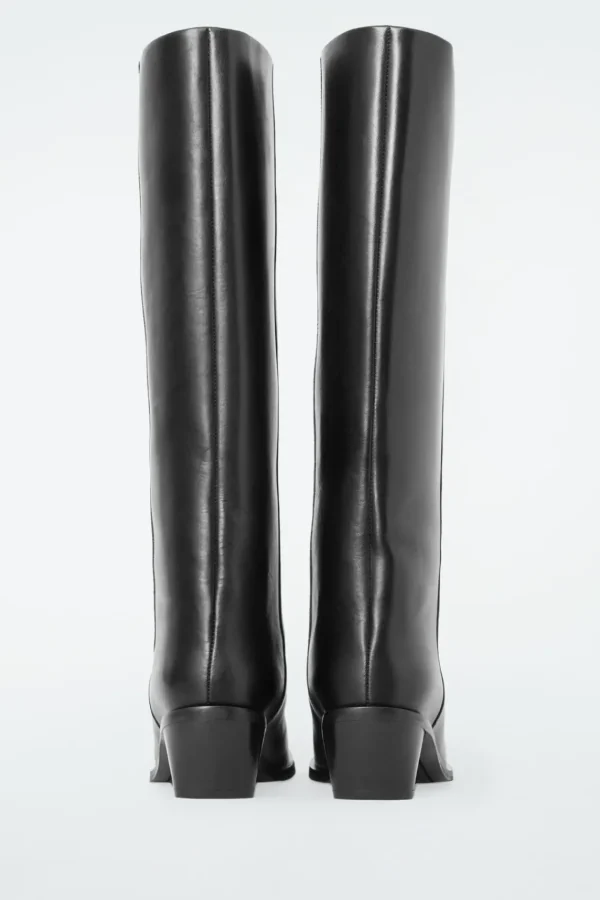 COS SQUARE-TOE LEATHER KNEE-HIGH BOOTS BLACK Sale