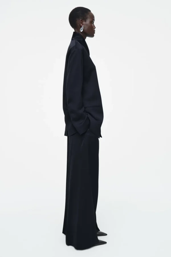 COS STAND-COLLAR SATIN TUXEDO BLAZER NAVY Flash Sale