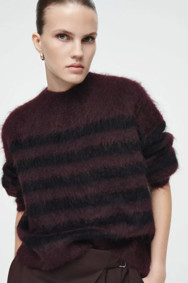 COS STRIPED BRUSHED-MOHAIR CREW-NECK SWEATER BLACK / BURGUNDY / STRIPED Shop