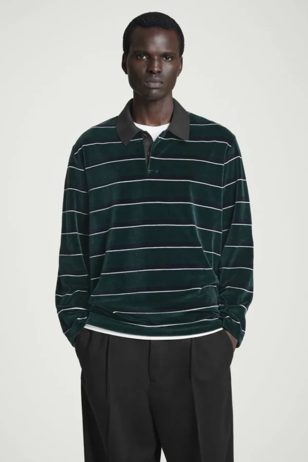 COS STRIPED VELVET LONG-SLEEVED POLO SHIRT EMERALD / STRIPED Sale