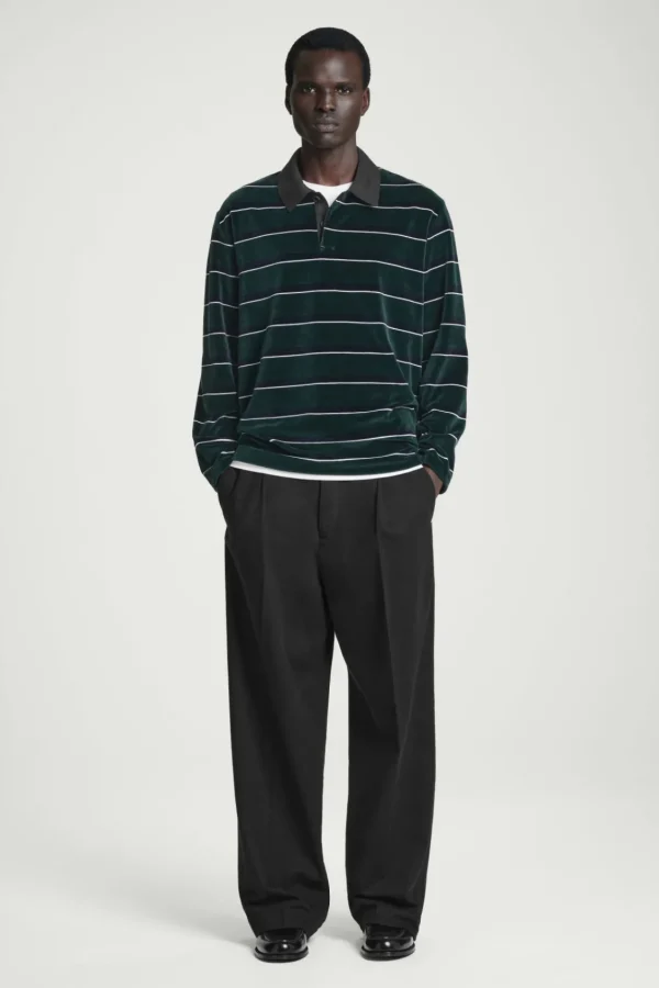 COS STRIPED VELVET LONG-SLEEVED POLO SHIRT EMERALD / STRIPED Sale