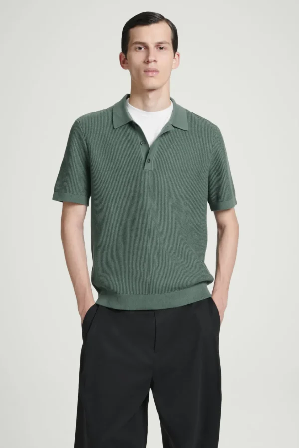 COS TEXTURED KNITTED POLO SHIRT GREEN Shop