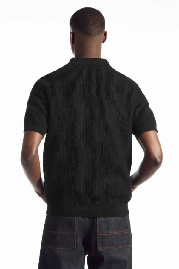 COS TEXTURED KNITTED POLO SHIRT BLACK Cheap