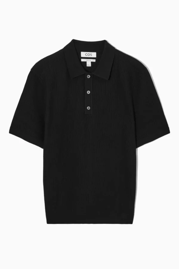 COS TEXTURED KNITTED POLO SHIRT BLACK Cheap