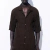 COS THE CRINKLED WOOL RESORT SHIRT DARK BROWN Cheap