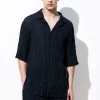 COS THE CRINKLED WOOL RESORT SHIRT NAVY Hot