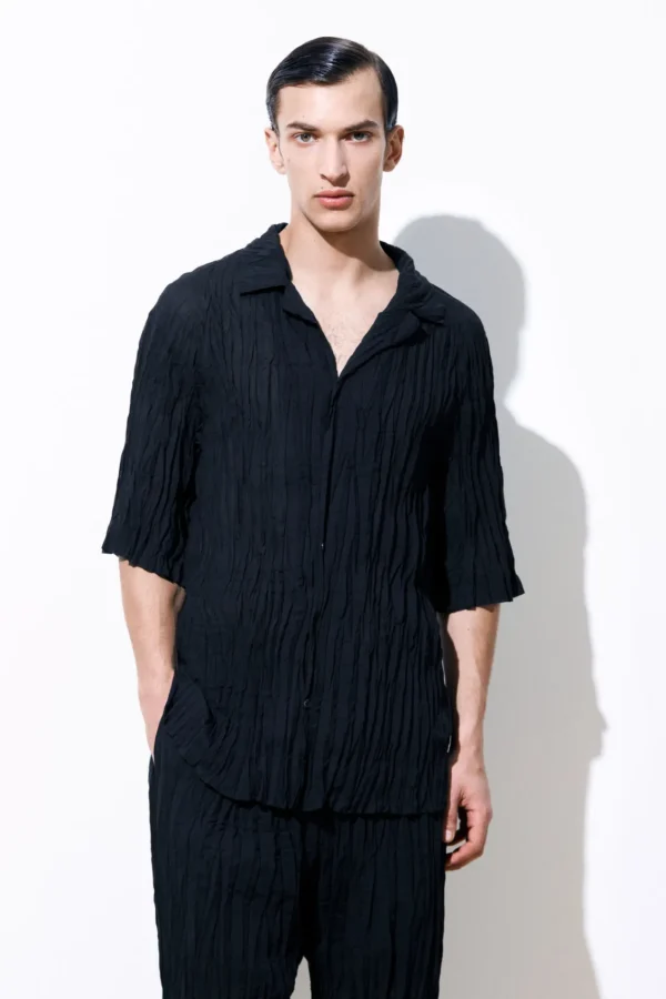 COS THE CRINKLED WOOL RESORT SHIRT NAVY Hot