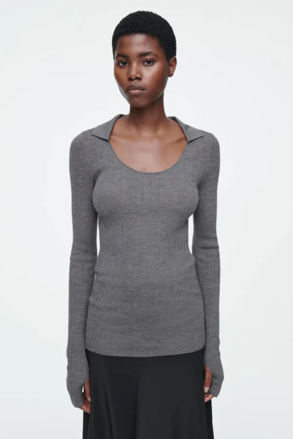 COS THE OPEN-COLLAR MERINO WOOL TOP FOSSIL Clearance