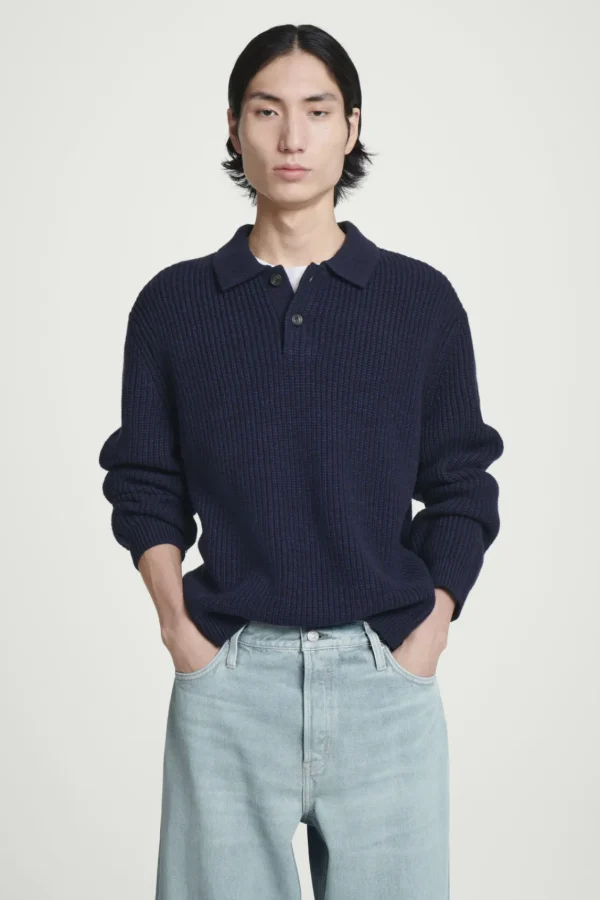 COS TWISTED-YARN WOOL POLO SWEATER NAVY MÉLANGE Best Sale