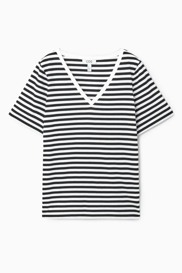 COS 24/7 V-NECK T-SHIRT BLACK / WHITE / STRIPED Best Sale