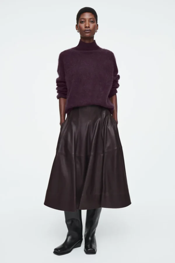 COS VOLUMINOUS A-LINE LEATHER MIDI SKIRT BORDEAUX Flash Sale