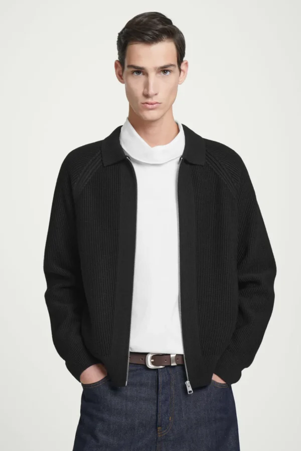 COS WAFFLE-KNIT MERINO WOOL BOMBER JAKCET BLACK Cheap