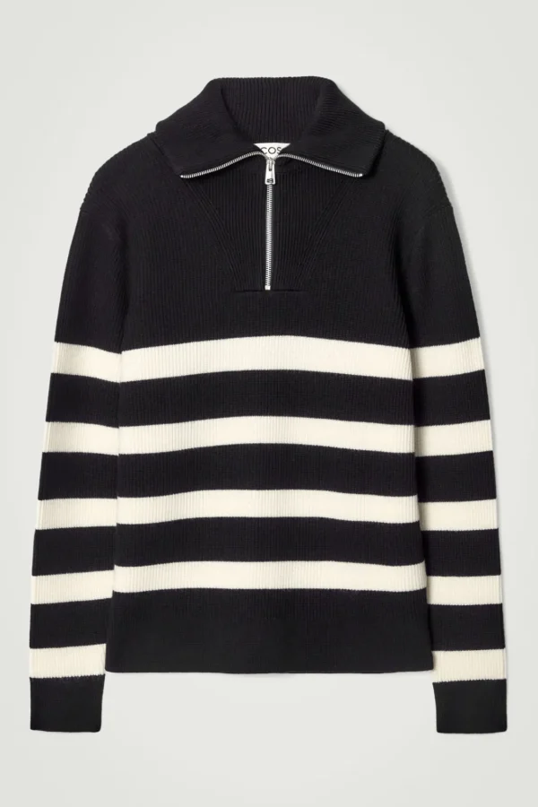 COS WOOL AND COTTON-BLEND HALF-ZIP SWEATER BLACK / CREAM / STRIPED Cheap