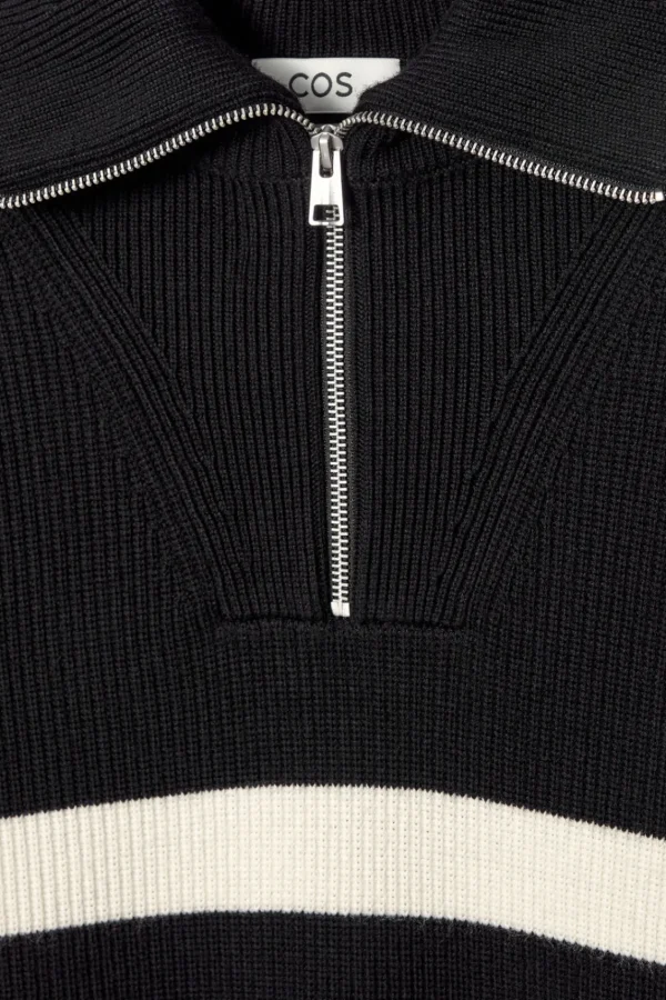 COS WOOL AND COTTON-BLEND HALF-ZIP SWEATER BLACK / CREAM / STRIPED Cheap