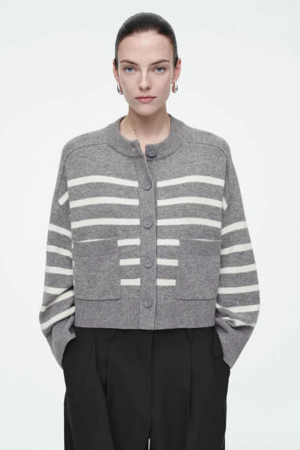 COS WOOL CREW-NECK CARDIGAN GRAY / STRIPED Hot