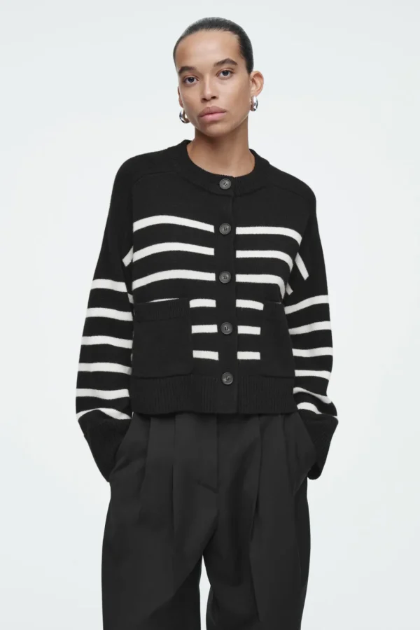 COS WOOL CREW-NECK CARDIGAN BLACK / STRIPED Discount