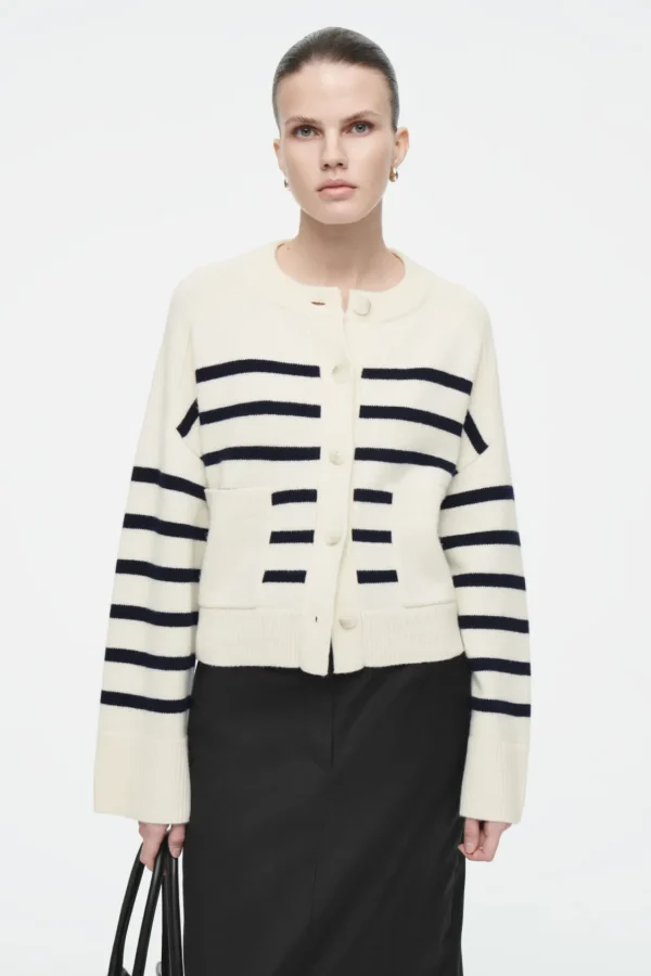 COS WOOL CREW-NECK CARDIGAN WHITE / STRIPED Cheap