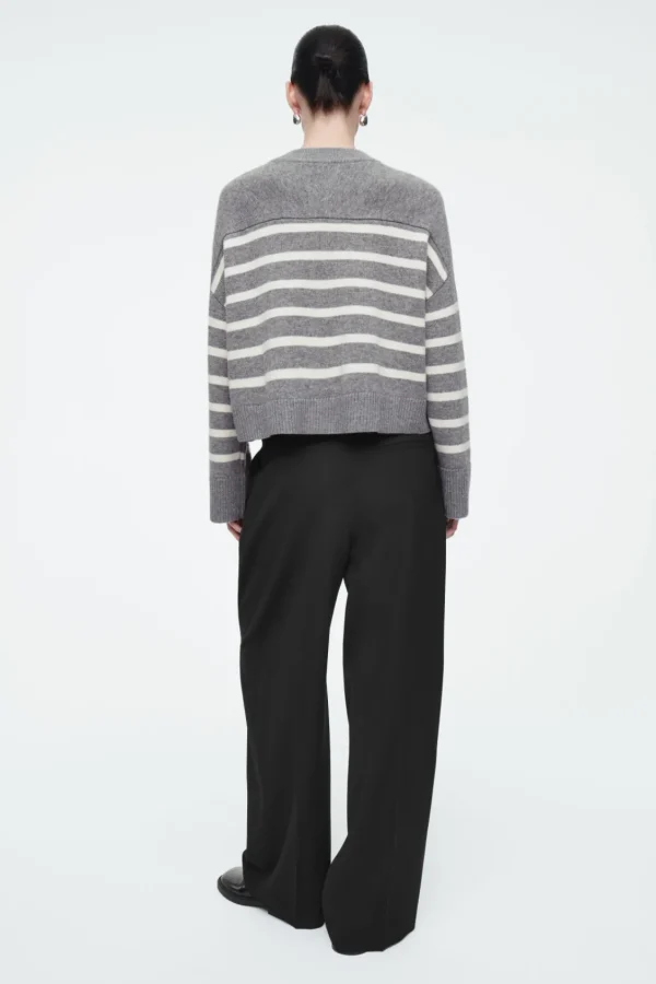 COS WOOL CREW-NECK CARDIGAN GRAY / STRIPED Hot