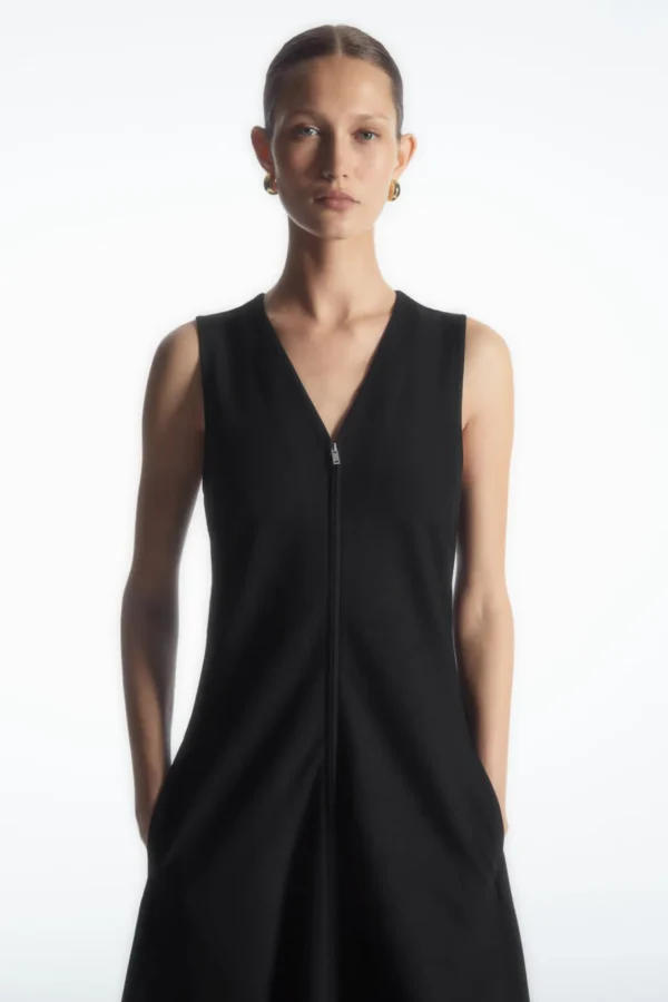 COS ZIP-FRONT V-NECK MIDI DRESS BLACK Sale