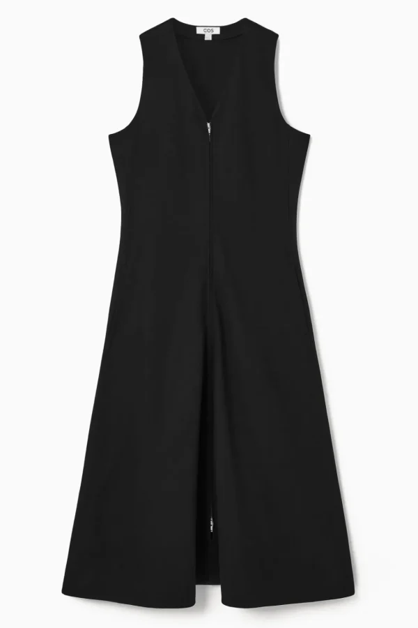 COS ZIP-FRONT V-NECK MIDI DRESS BLACK Sale